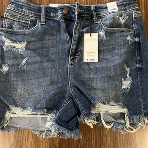 Judy Blue Frayed Hem Jean Shorts - Blue